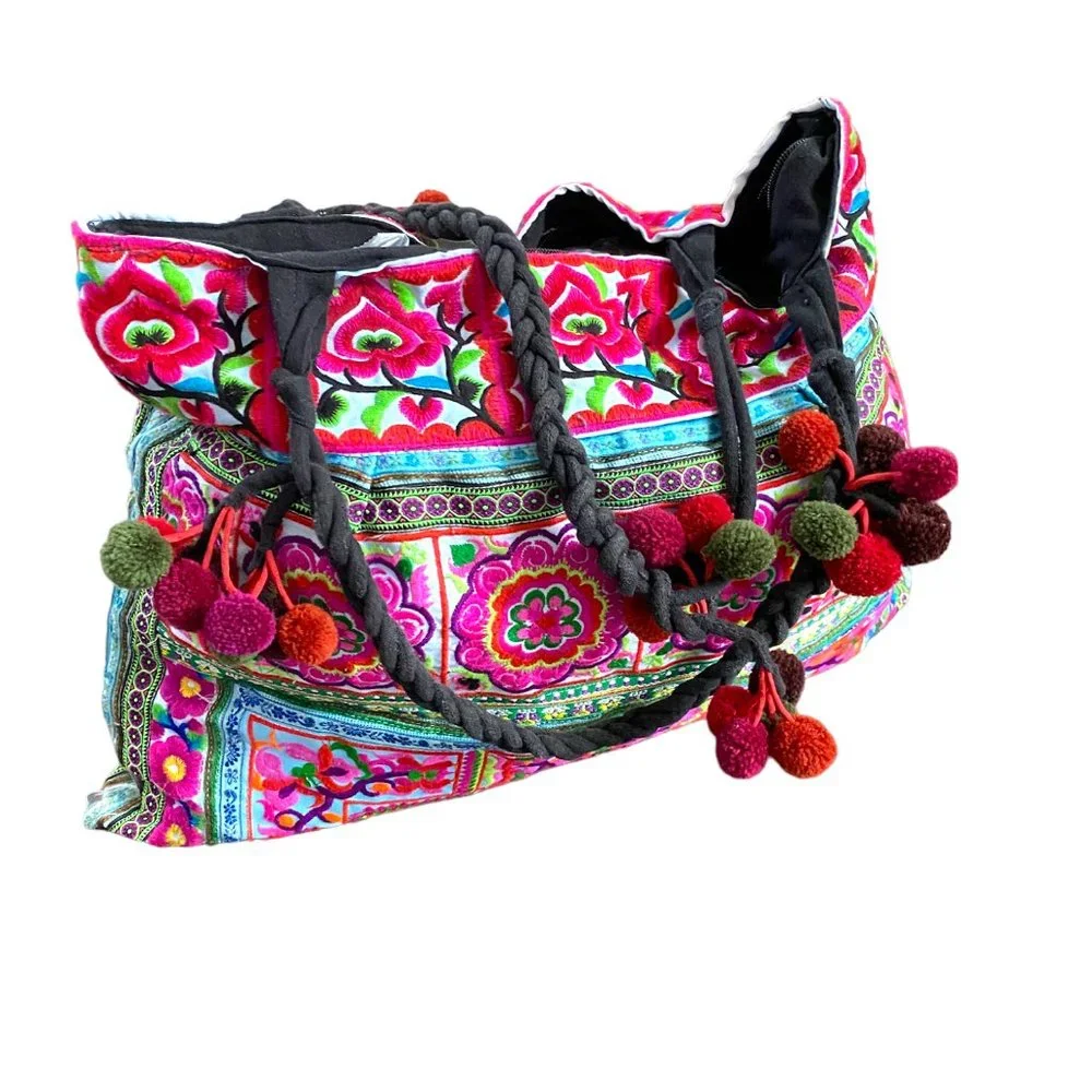 Boho Embroidery Multi-Color Flowers Weekender Hobo Tote Pom-Poms Inside Zip #02 - Picture 4 of 15